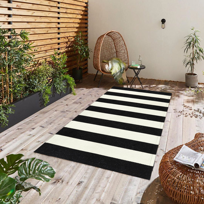 Gracie Oaks Farmhouse Woven Plaid Black And White Striped Outdoor Area